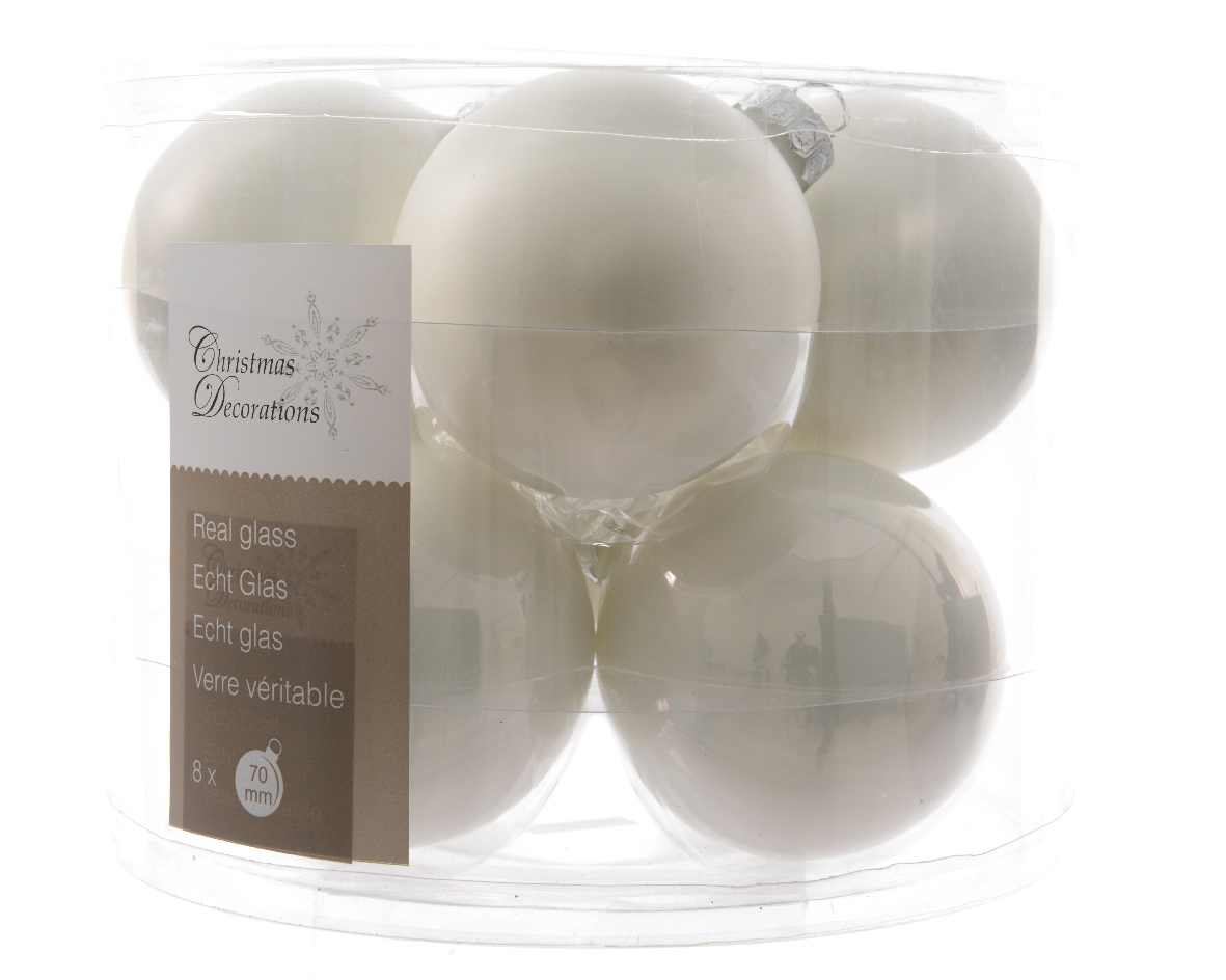 Kúlur 7cm 8stk hvítar glans/matt