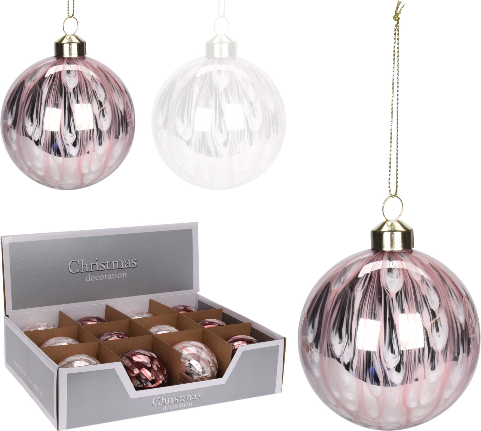 Jólakúla 8cm glansandi 2teg. ljósbleik/hvít