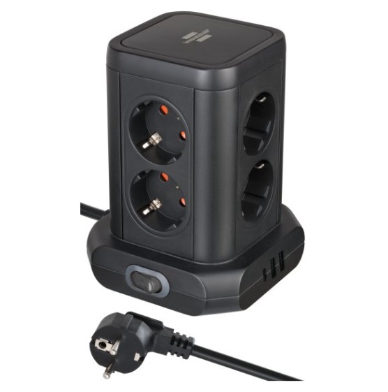 Borðturn Svartur 8-tenglar + 2 x USB-A +1 x USB-C, 2m snúra