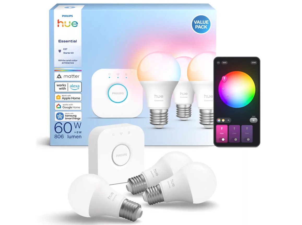 Hue Essential 60W RGBW E27 806lm 8W Startsett 3 perur + Brú