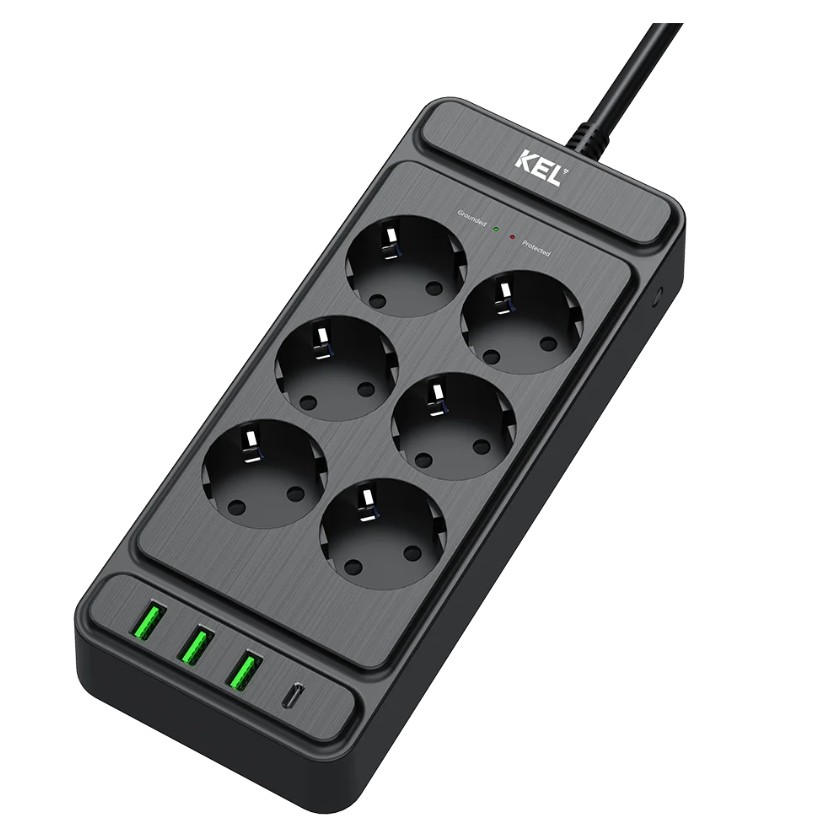 FJÖLTENGI 6F MEÐ YFIRSPENNUVÖRN + USB-C+A, SVART 2,0M SNÚRA