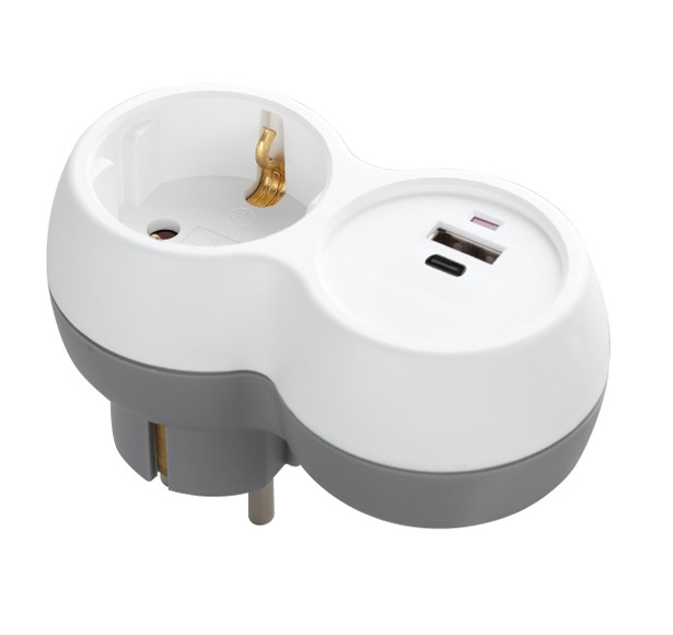 MILLITENGI 1xTENGILL + USB A+C, Hvítt/Grátt, OR-AE-13302(GS)