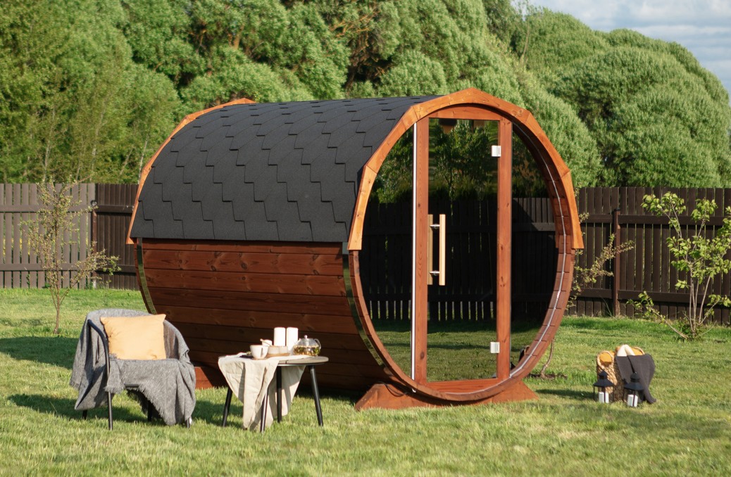 SaunaTunna 2,3m samsett - 4 manna, Thermowood, spegilgler.