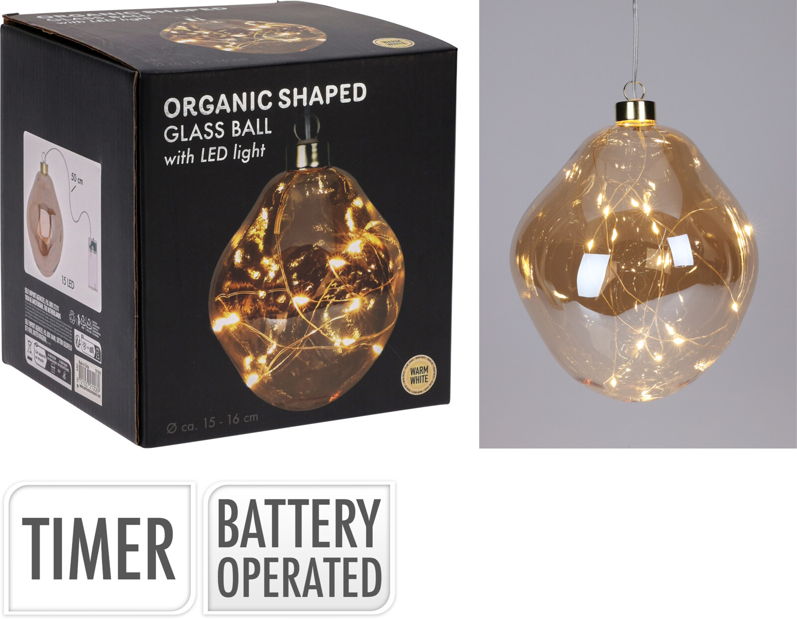 Ljósakúla 15cm led ljós gyllt