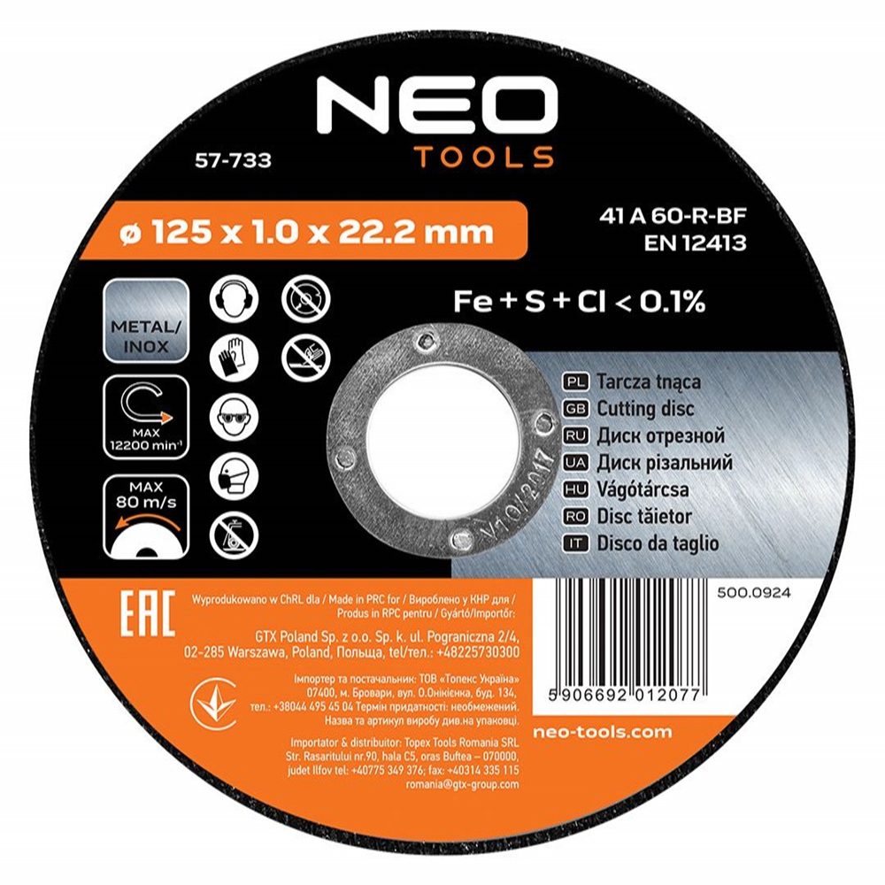 Skurðarskífa 125x1,0x22,2mm Inox 10stk Neo 55-572
