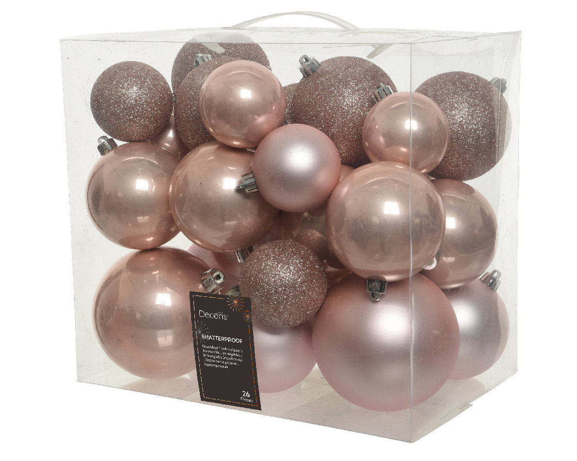 Jólakúlur 26stk í boxi ljósbleikar